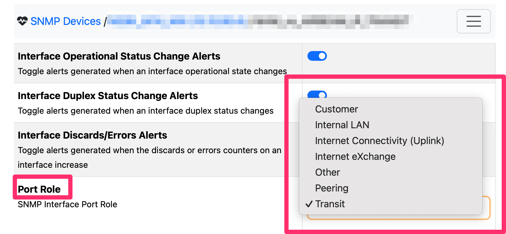 SNMP Interface Role Configuration