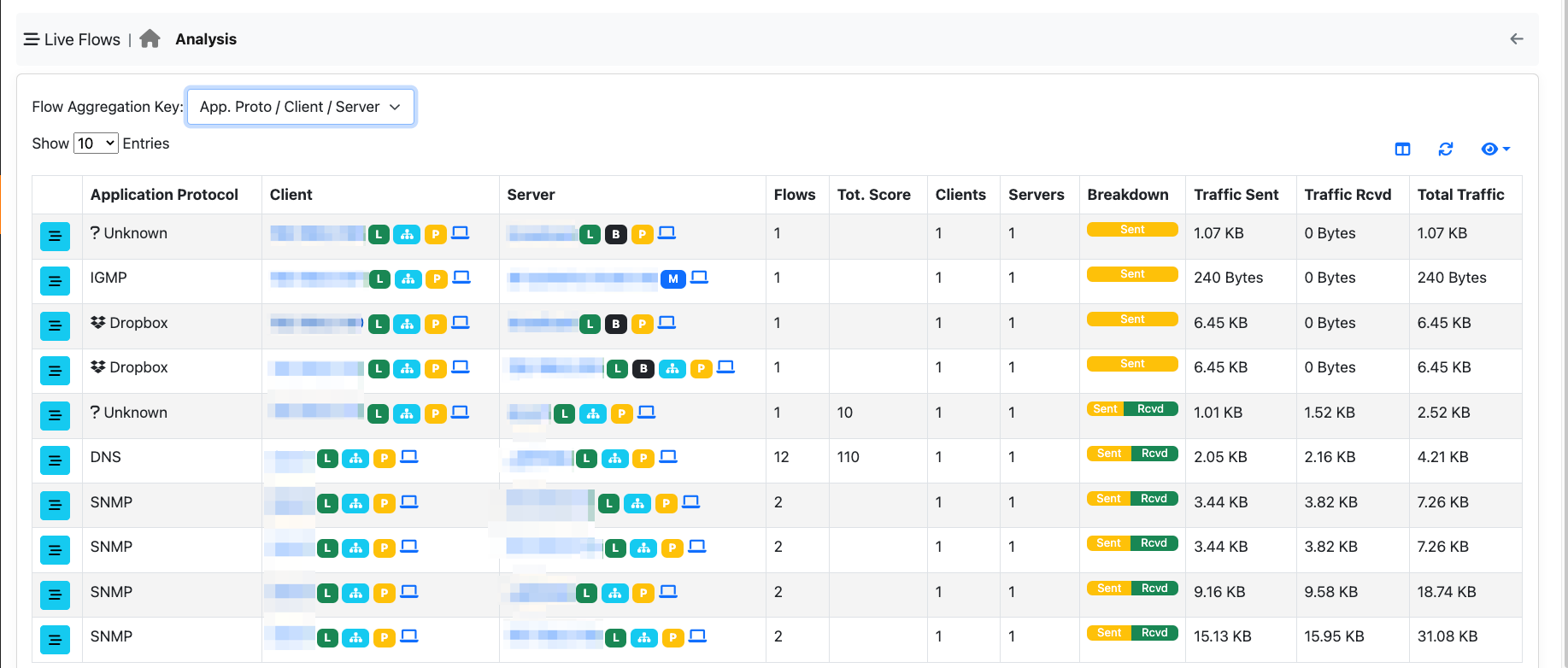 Live Flows Analysis App. Proto / Client / Server Criteria